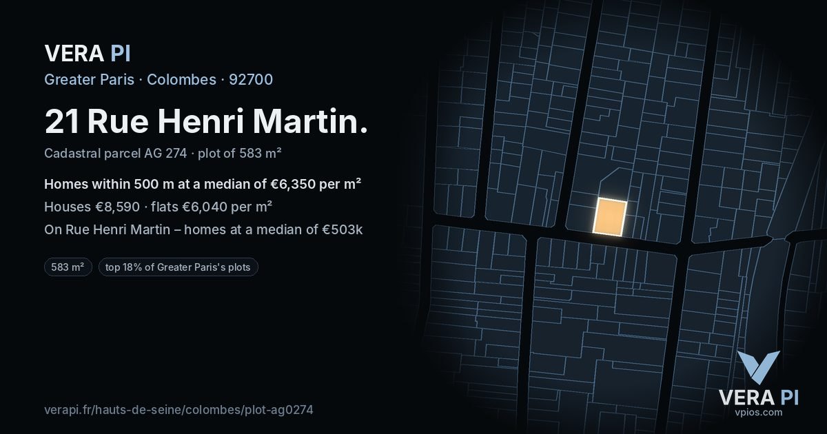 21 Rue Henri Martin, Colombes at night – the plot lit, the parcels around coloured by the prices near them