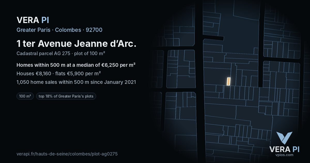 1 ter Avenue Jeanne d’Arc, Colombes at night – the plot lit, the parcels around coloured by the prices near them