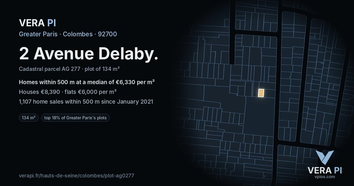 2 Avenue Delaby, Colombes at night – the plot lit, the parcels around coloured by the prices near them
