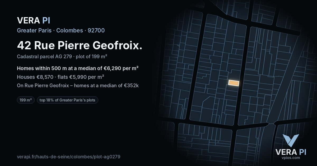 42 Rue Pierre Geofroix, Colombes at night – the plot lit, the parcels around coloured by the prices near them