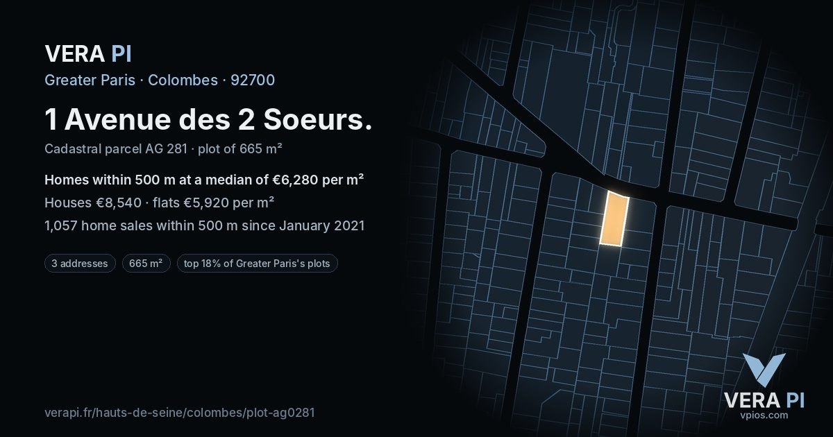 1 Avenue des 2 Soeurs, Colombes at night – the plot lit, the parcels around coloured by the prices near them