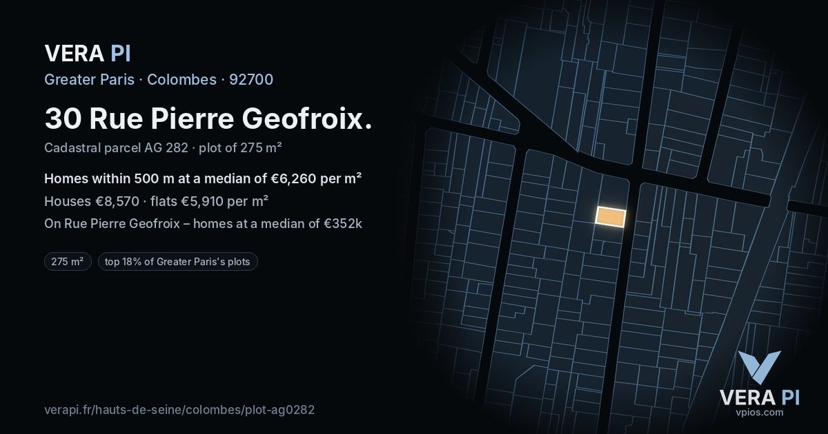30 Rue Pierre Geofroix, Colombes at night – the plot lit, the parcels around coloured by the prices near them