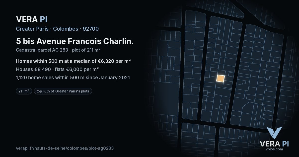 5 bis Avenue Francois Charlin, Colombes at night – the plot lit, the parcels around coloured by the prices near them