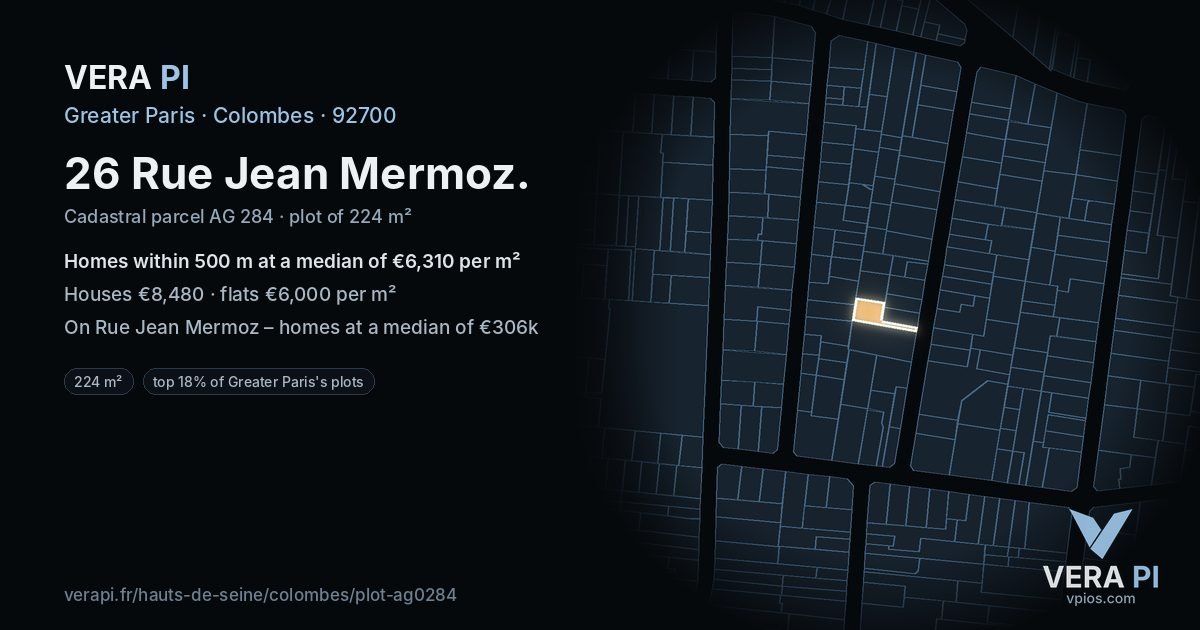 26 Rue Jean Mermoz, Colombes at night – the plot lit, the parcels around coloured by the prices near them