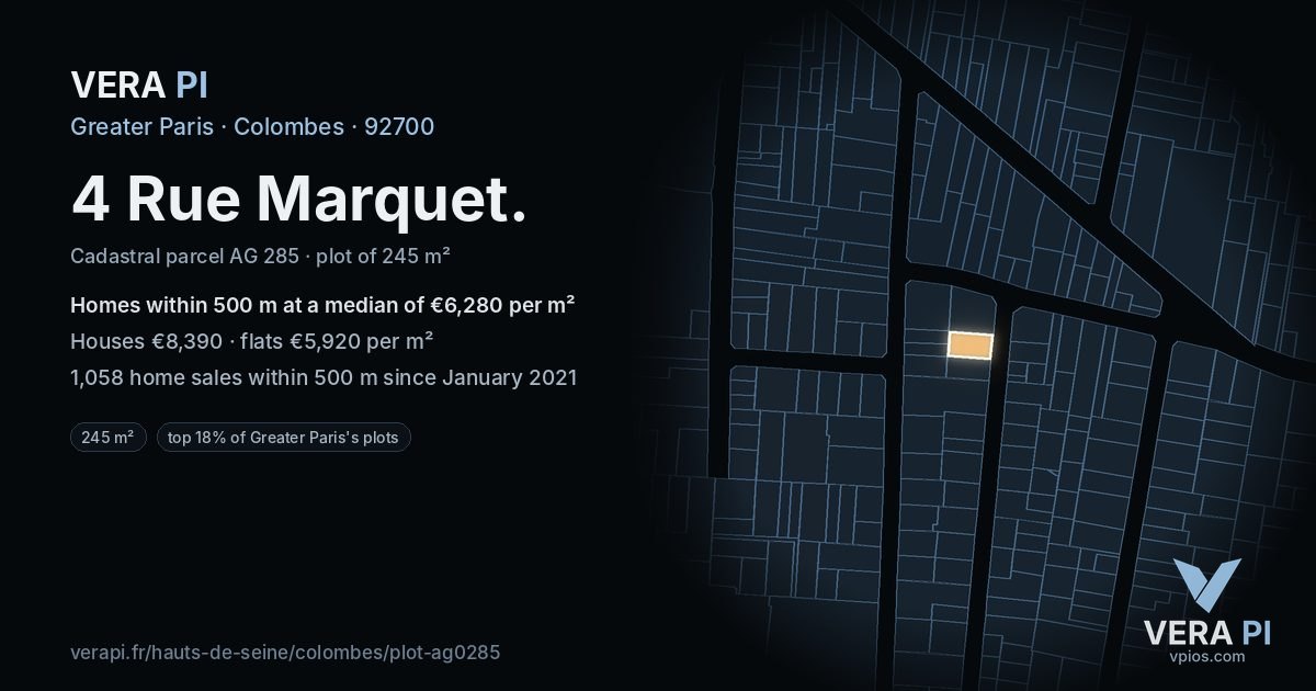 4 Rue Marquet, Colombes at night – the plot lit, the parcels around coloured by the prices near them