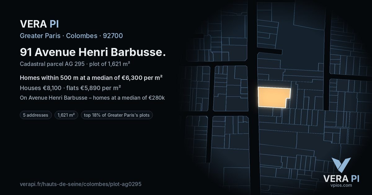91 Avenue Henri Barbusse, Colombes at night – the plot lit, the parcels around coloured by the prices near them