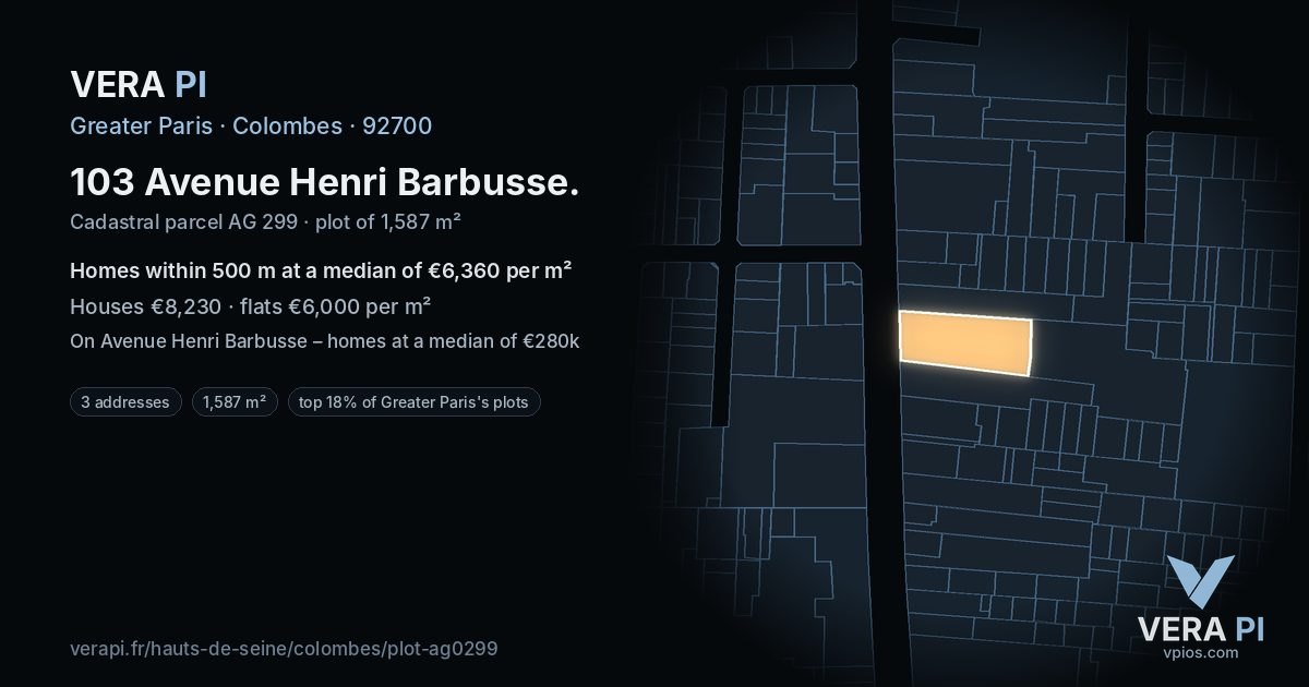103 Avenue Henri Barbusse, Colombes at night – the plot lit, the parcels around coloured by the prices near them