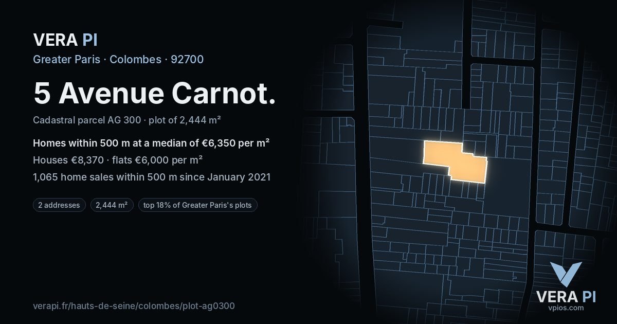 5 Avenue Carnot, Colombes at night – the plot lit, the parcels around coloured by the prices near them