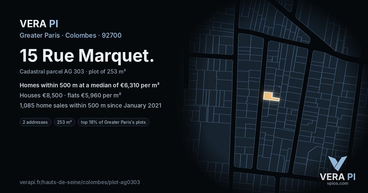 15 Rue Marquet, Colombes at night – the plot lit, the parcels around coloured by the prices near them