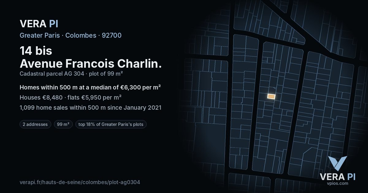 14 bis Avenue Francois Charlin, Colombes at night – the plot lit, the parcels around coloured by the prices near them