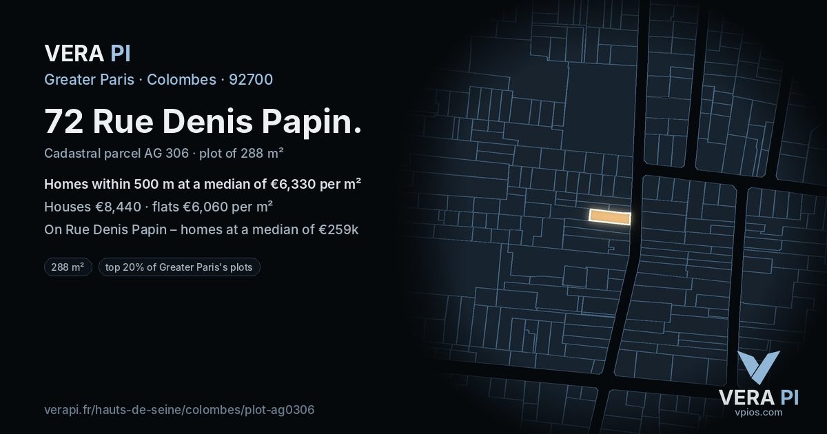 72 Rue Denis Papin, Colombes at night – the plot lit, the parcels around coloured by the prices near them
