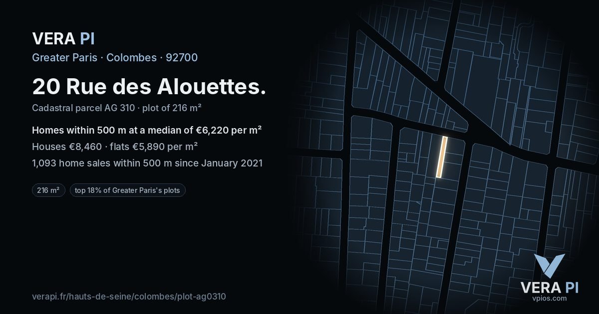 20 Rue des Alouettes, Colombes at night – the plot lit, the parcels around coloured by the prices near them