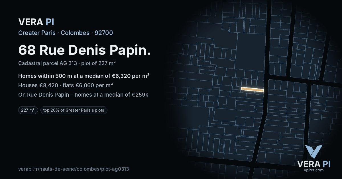 68 Rue Denis Papin, Colombes at night – the plot lit, the parcels around coloured by the prices near them