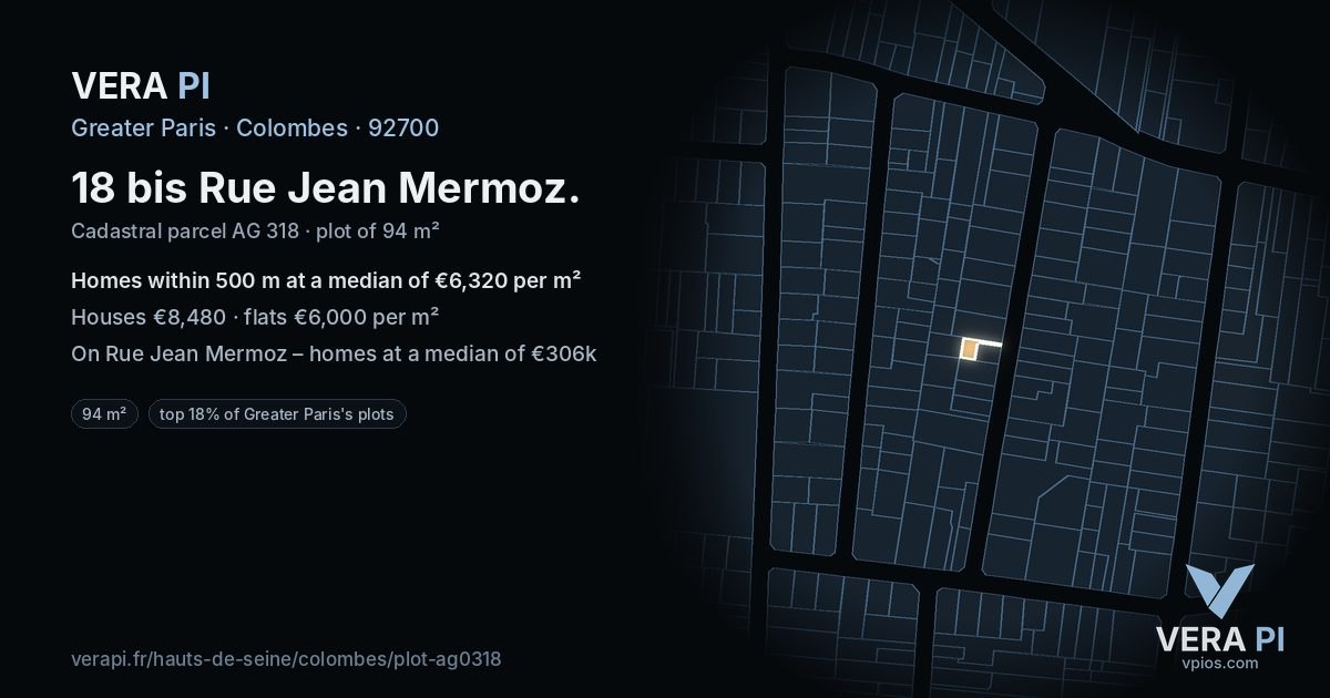 18 bis Rue Jean Mermoz, Colombes at night – the plot lit, the parcels around coloured by the prices near them