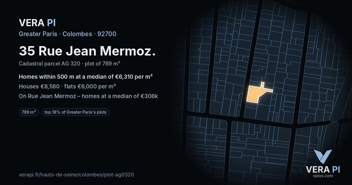 35 Rue Jean Mermoz, Colombes at night – the plot lit, the parcels around coloured by the prices near them