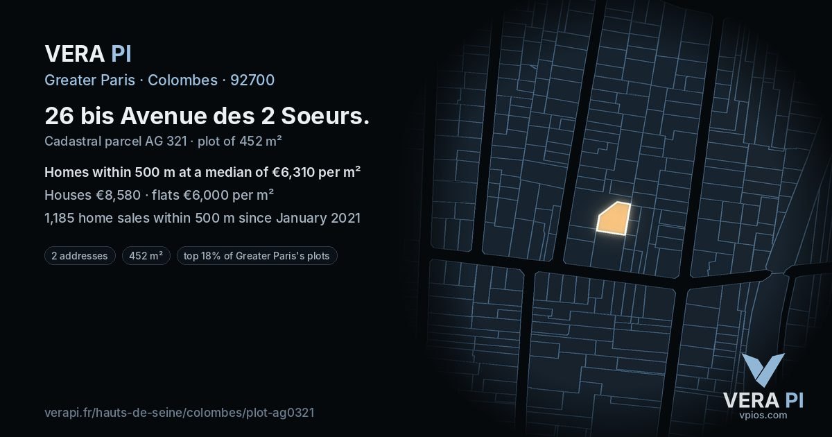 26 bis Avenue des 2 Soeurs, Colombes at night – the plot lit, the parcels around coloured by the prices near them