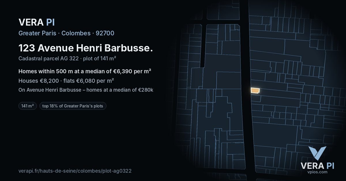 123 Avenue Henri Barbusse, Colombes at night – the plot lit, the parcels around coloured by the prices near them