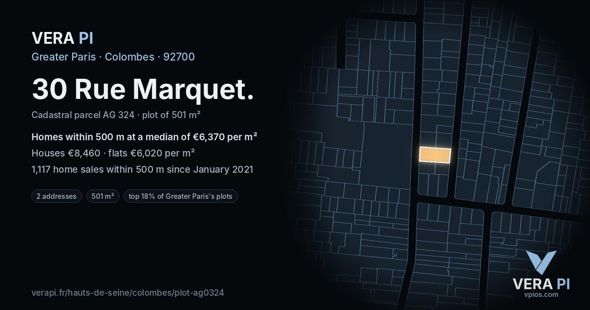 30 Rue Marquet, Colombes at night – the plot lit, the parcels around coloured by the prices near them