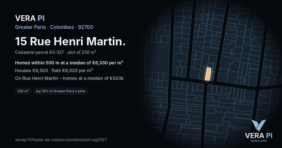 15 Rue Henri Martin, Colombes at night – the plot lit, the parcels around coloured by the prices near them
