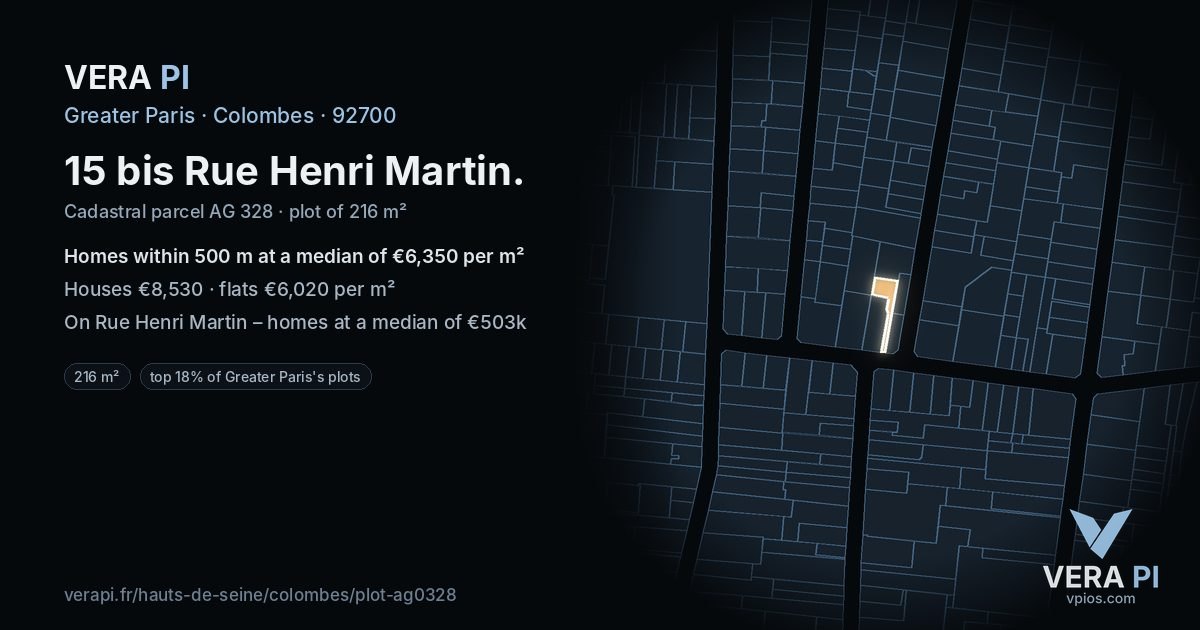 15 bis Rue Henri Martin, Colombes at night – the plot lit, the parcels around coloured by the prices near them