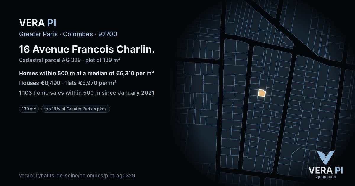 16 Avenue Francois Charlin, Colombes at night – the plot lit, the parcels around coloured by the prices near them