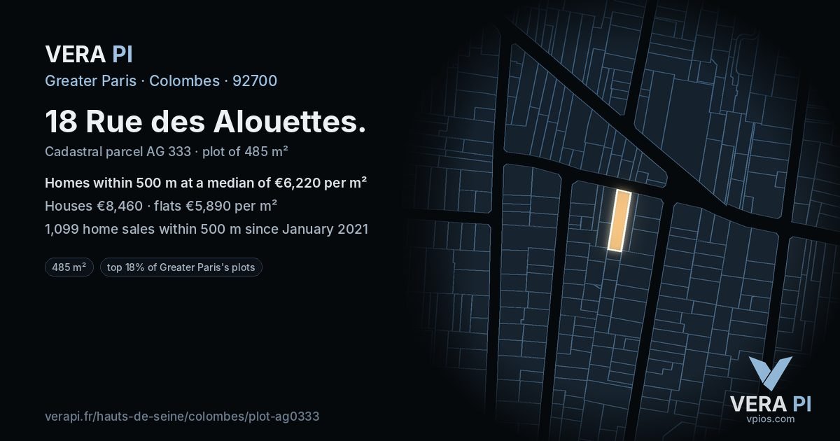 18 Rue des Alouettes, Colombes at night – the plot lit, the parcels around coloured by the prices near them