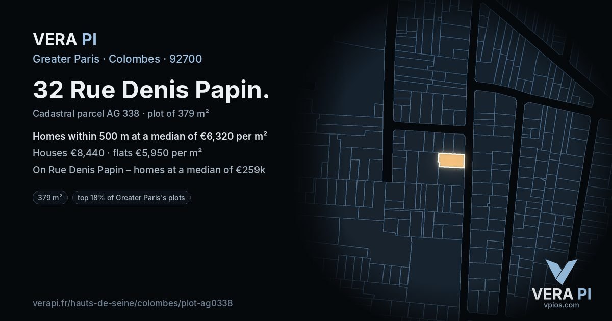32 Rue Denis Papin, Colombes at night – the plot lit, the parcels around coloured by the prices near them