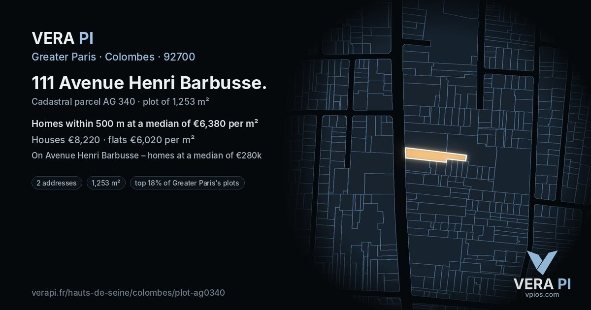 111 Avenue Henri Barbusse, Colombes at night – the plot lit, the parcels around coloured by the prices near them
