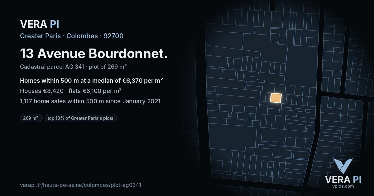 13 Avenue Bourdonnet, Colombes at night – the plot lit, the parcels around coloured by the prices near them