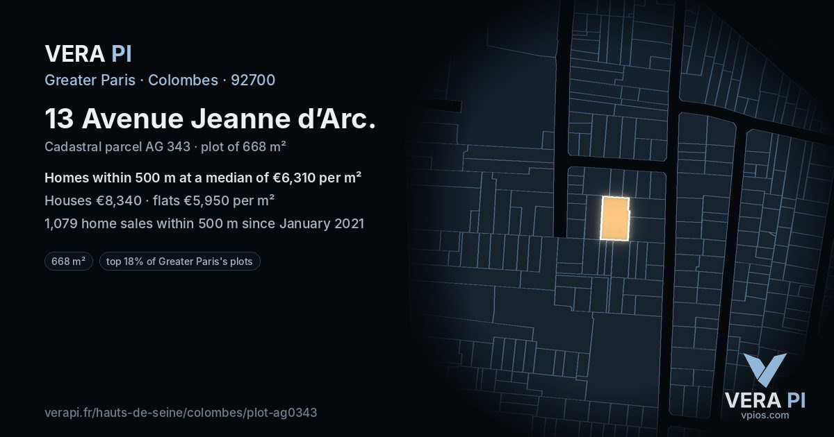 13 Avenue Jeanne d’Arc, Colombes at night – the plot lit, the parcels around coloured by the prices near them
