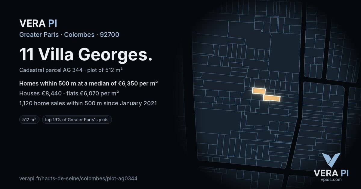 11 Villa Georges, Colombes at night – the plot lit, the parcels around coloured by the prices near them