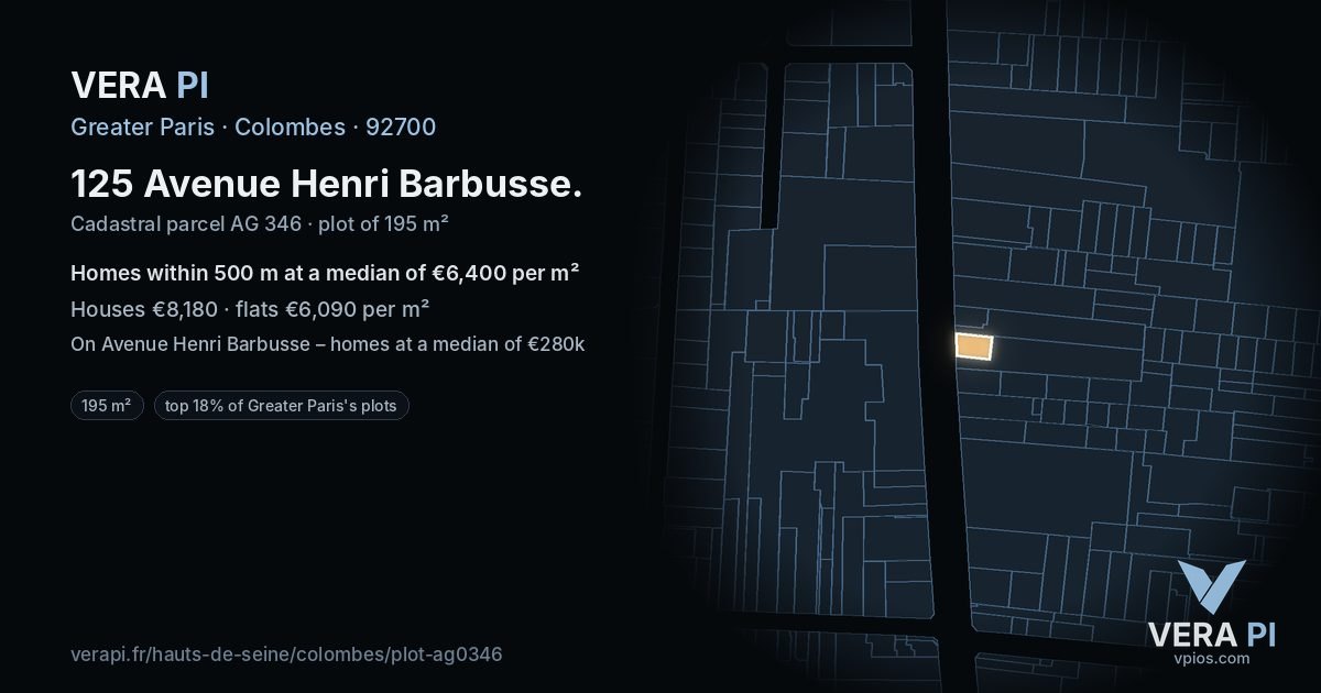 125 Avenue Henri Barbusse, Colombes at night – the plot lit, the parcels around coloured by the prices near them