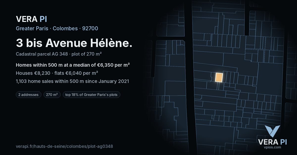 3 bis Avenue Hélène, Colombes at night – the plot lit, the parcels around coloured by the prices near them