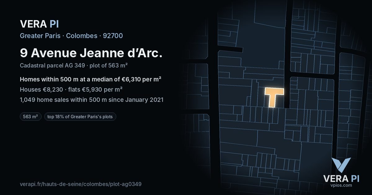9 Avenue Jeanne d’Arc, Colombes at night – the plot lit, the parcels around coloured by the prices near them