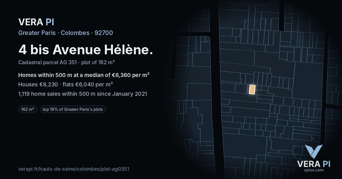 4 bis Avenue Hélène, Colombes at night – the plot lit, the parcels around coloured by the prices near them