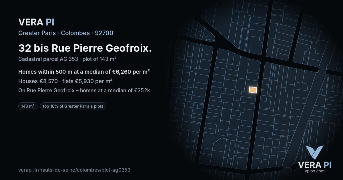 32 bis Rue Pierre Geofroix, Colombes at night – the plot lit, the parcels around coloured by the prices near them