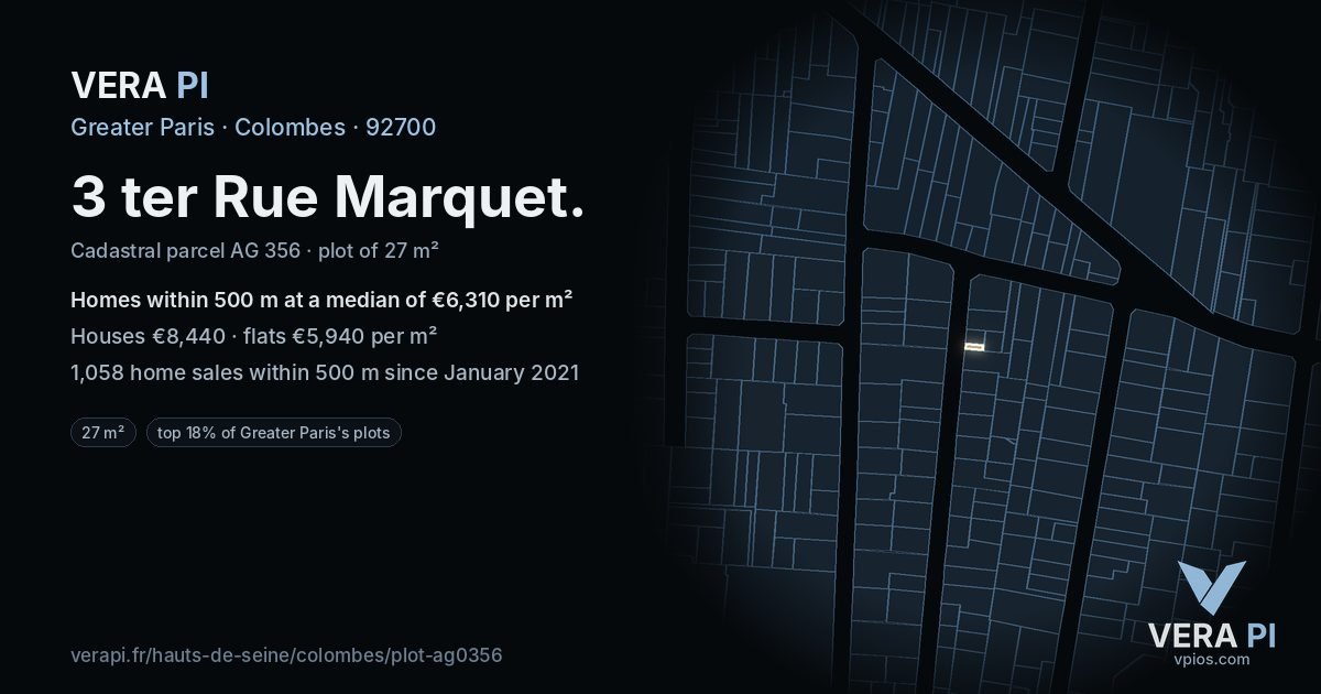 3 ter Rue Marquet, Colombes at night – the plot lit, the parcels around coloured by the prices near them
