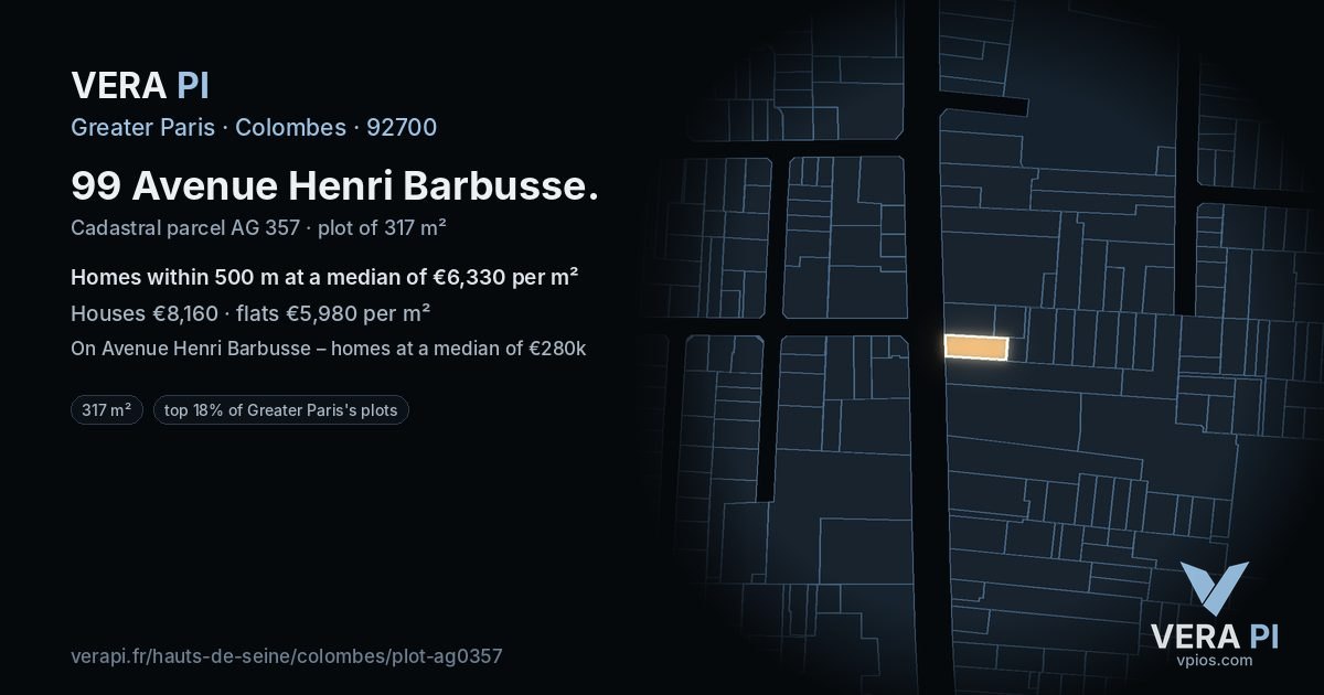 99 Avenue Henri Barbusse, Colombes at night – the plot lit, the parcels around coloured by the prices near them