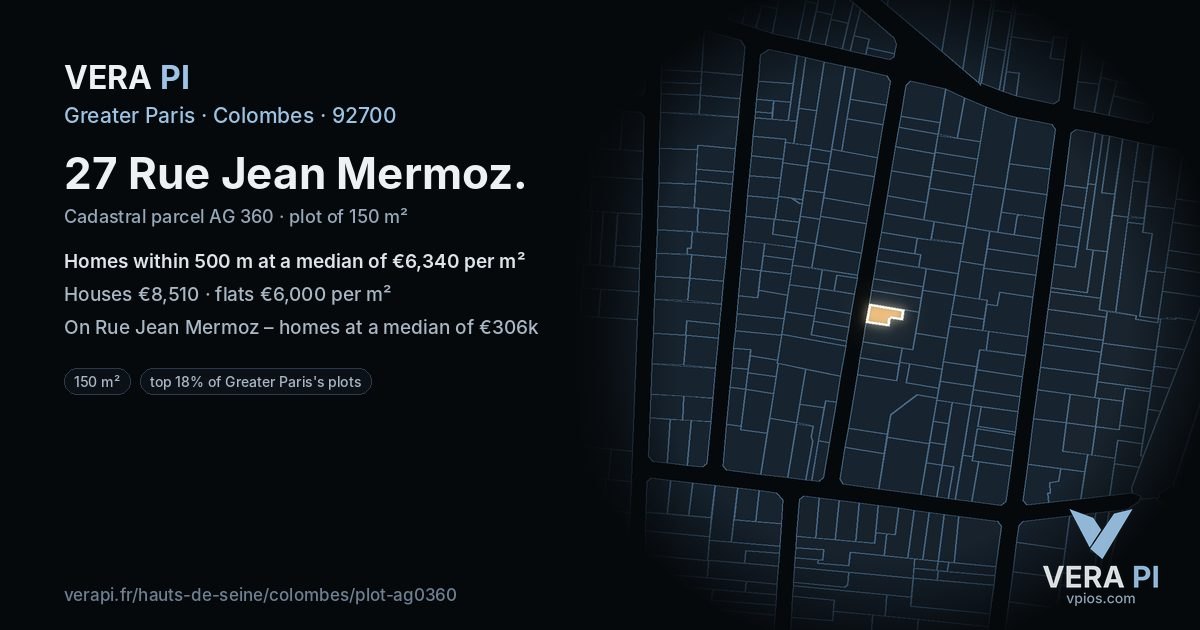 27 Rue Jean Mermoz, Colombes at night – the plot lit, the parcels around coloured by the prices near them
