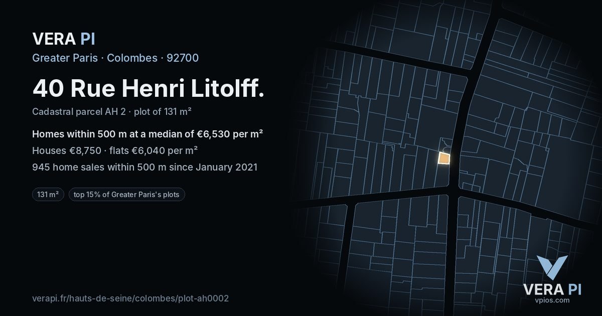 40 Rue Henri Litolff, Colombes at night – the plot lit, the parcels around coloured by the prices near them