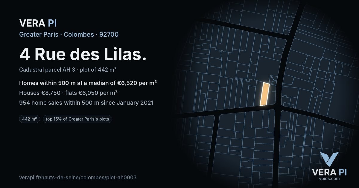 4 Rue des Lilas, Colombes at night – the plot lit, the parcels around coloured by the prices near them