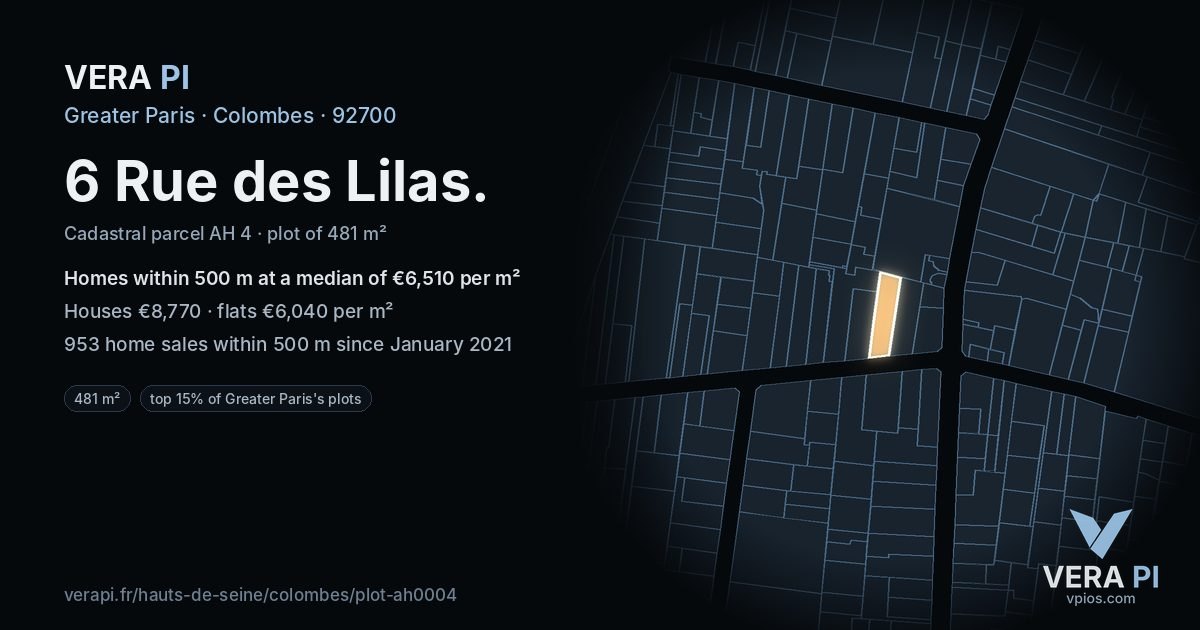 6 Rue des Lilas, Colombes at night – the plot lit, the parcels around coloured by the prices near them