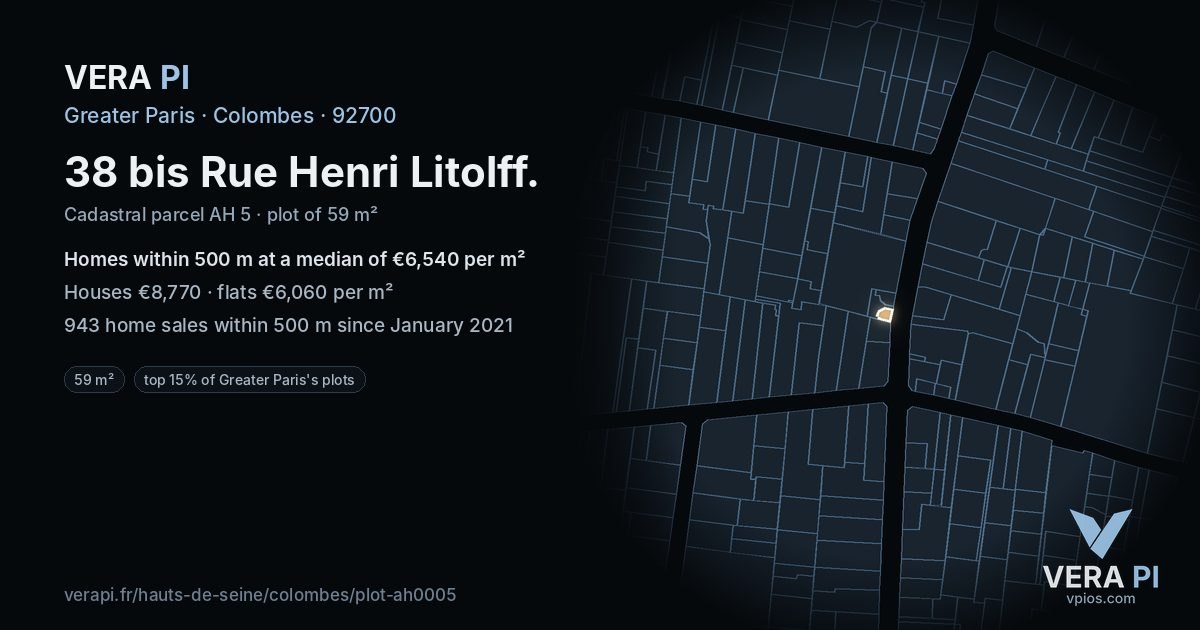 38 bis Rue Henri Litolff, Colombes at night – the plot lit, the parcels around coloured by the prices near them