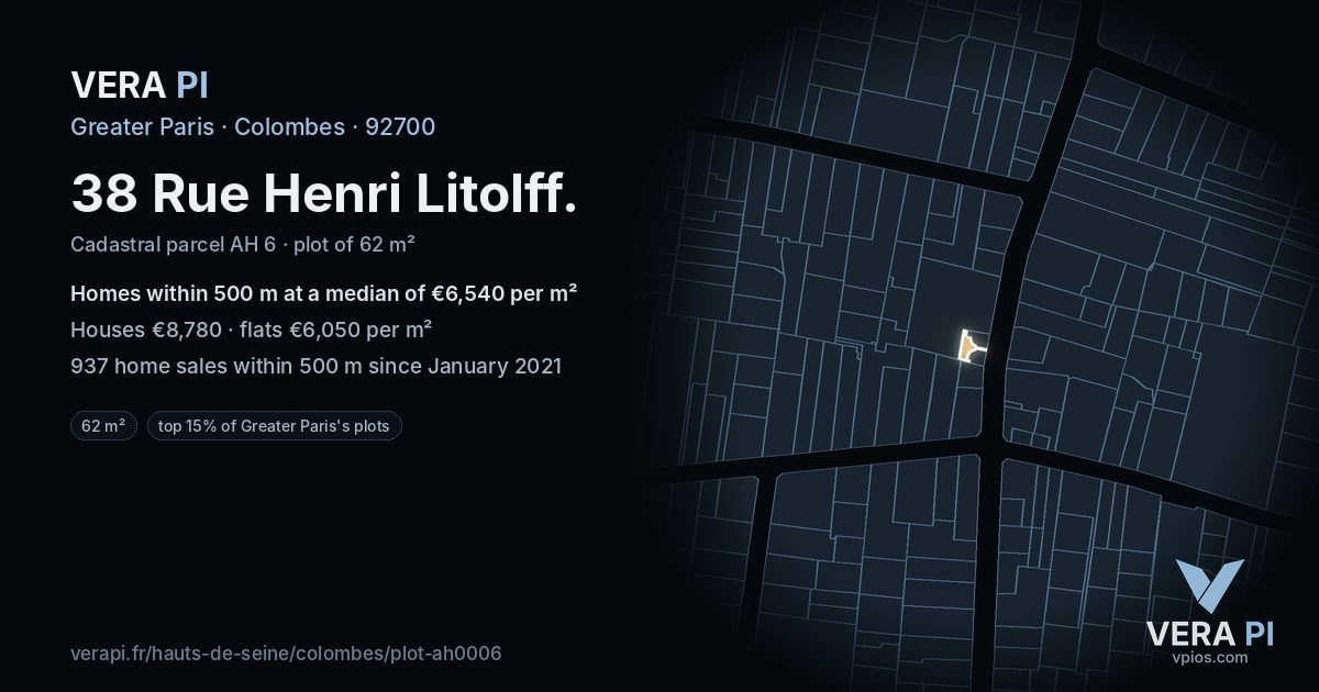 38 Rue Henri Litolff, Colombes at night – the plot lit, the parcels around coloured by the prices near them