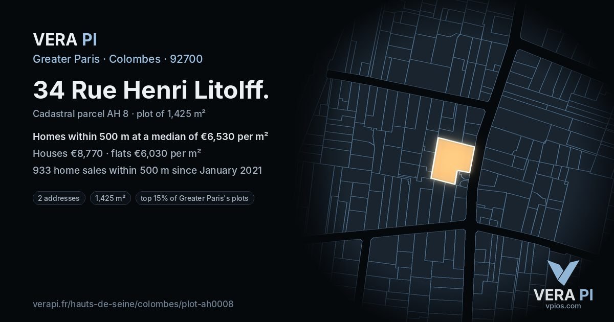 34 Rue Henri Litolff, Colombes at night – the plot lit, the parcels around coloured by the prices near them