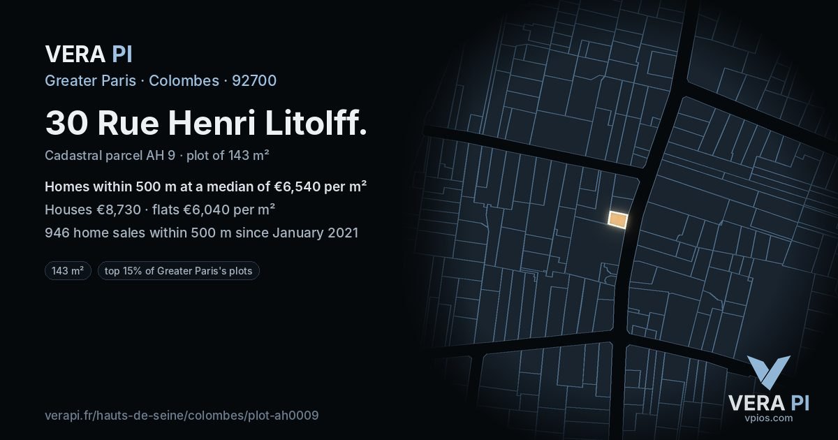 30 Rue Henri Litolff, Colombes at night – the plot lit, the parcels around coloured by the prices near them