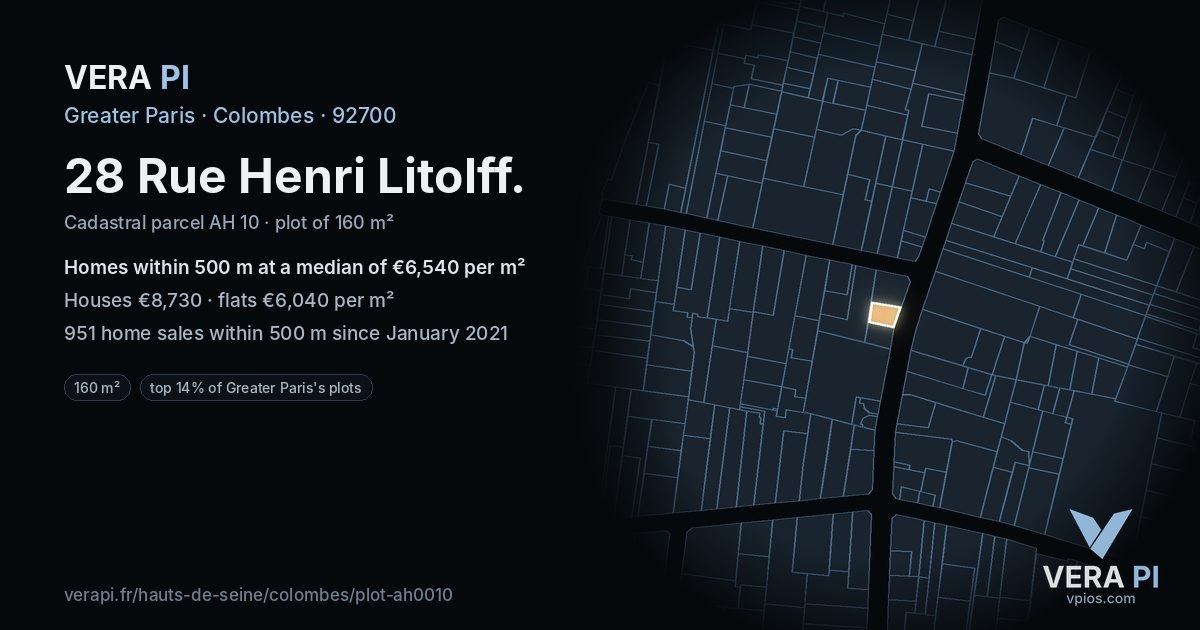 28 Rue Henri Litolff, Colombes at night – the plot lit, the parcels around coloured by the prices near them