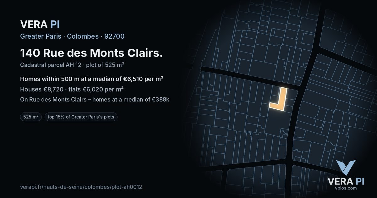 140 Rue des Monts Clairs, Colombes at night – the plot lit, the parcels around coloured by the prices near them