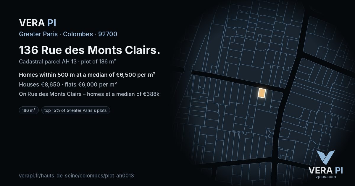 136 Rue des Monts Clairs, Colombes at night – the plot lit, the parcels around coloured by the prices near them