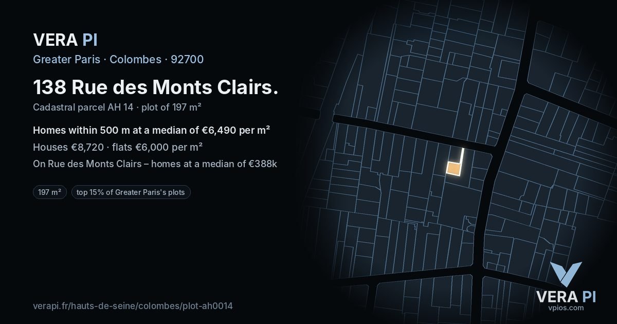 138 Rue des Monts Clairs, Colombes at night – the plot lit, the parcels around coloured by the prices near them